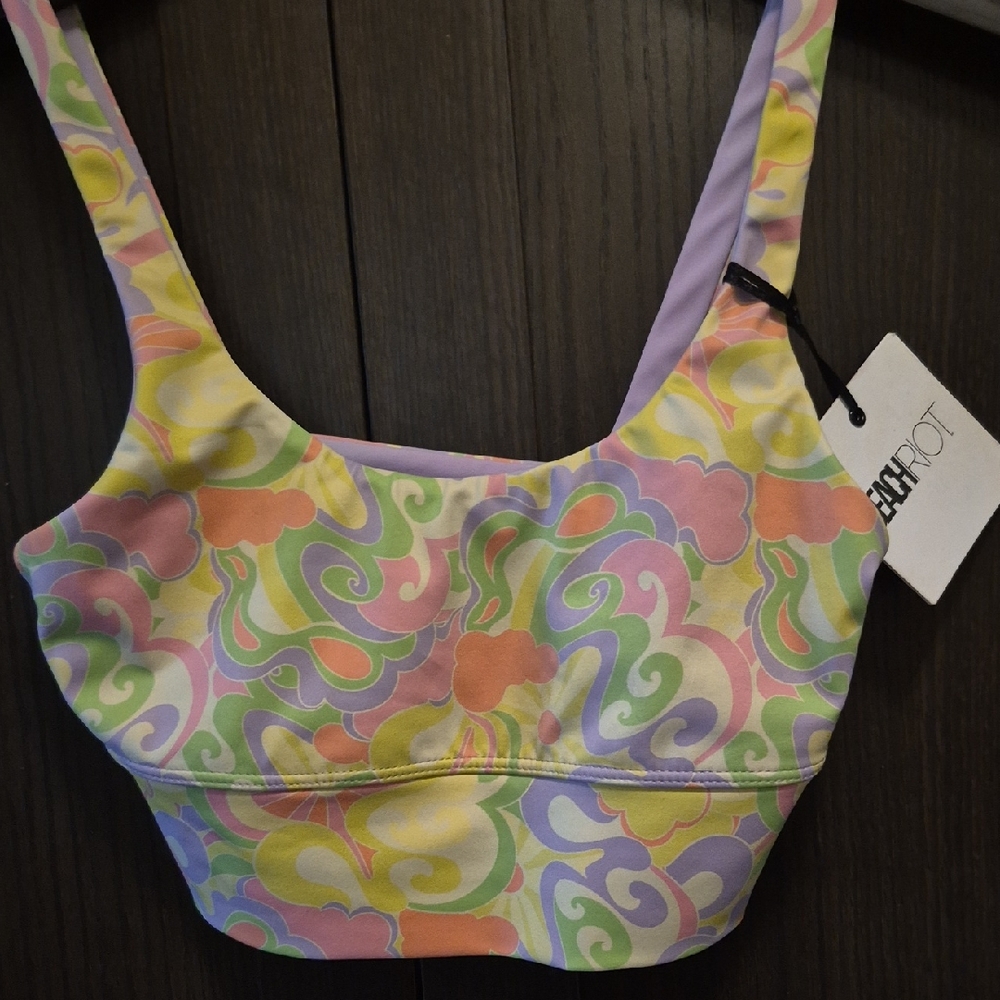 Beach Riot Multicolor Swirl Peace Crop Bikini Top Med New